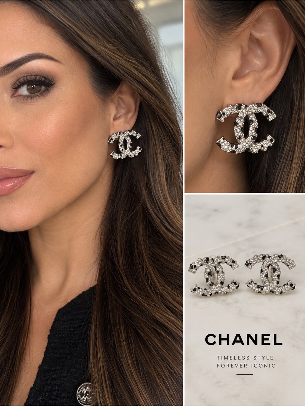 CHANEL Silver Crystal CC Logo Stud Earrings